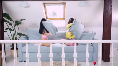 Playful pillow fight and pussy lick