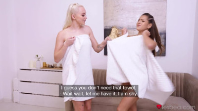 Nubile lesbians scissoring in sauna